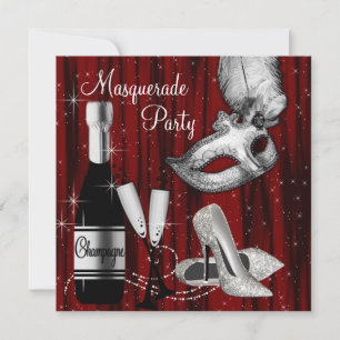 Invitación Fiesta de máscaras elegante en rojo, negro y blanc
