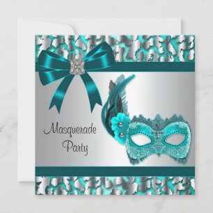 Invitación Fiesta de Máscaras Elegante Leopardo Azul Turquesa