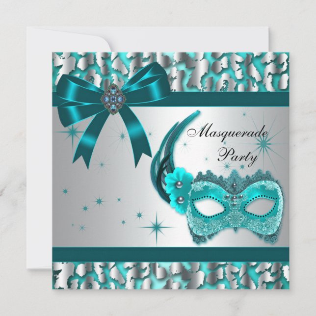 Invitación Fiesta de Máscaras Elegante Leopardo Azul Turquesa (Anverso)