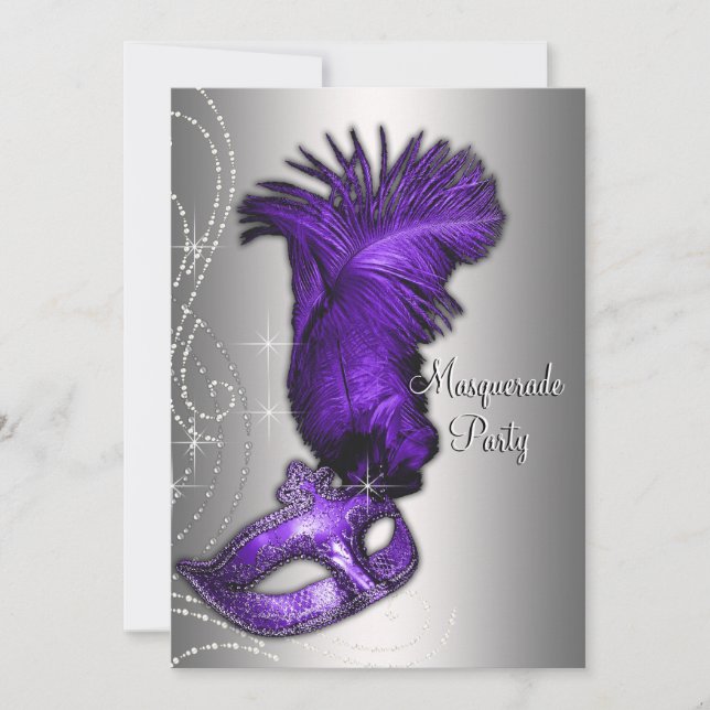 Invitación Fiesta de Máscaras Elegante Morado y Gris (Anverso)