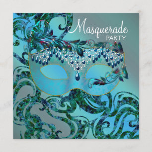 Invitación Fiesta de Máscaras Elegantes Remolinos Azul Turque