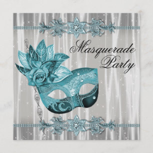 Invitación Fiesta de Máscaras en Blanco Elegante y Azul Turqu