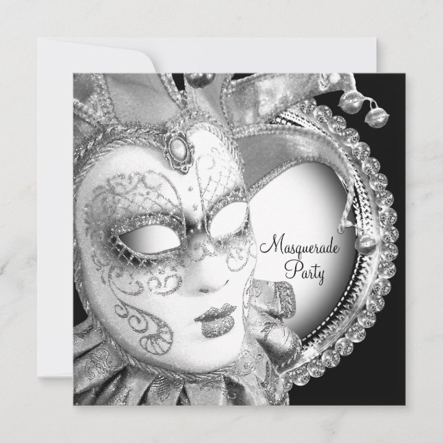 Invitación Fiesta de Máscaras en Blanco y Negro (Anverso)