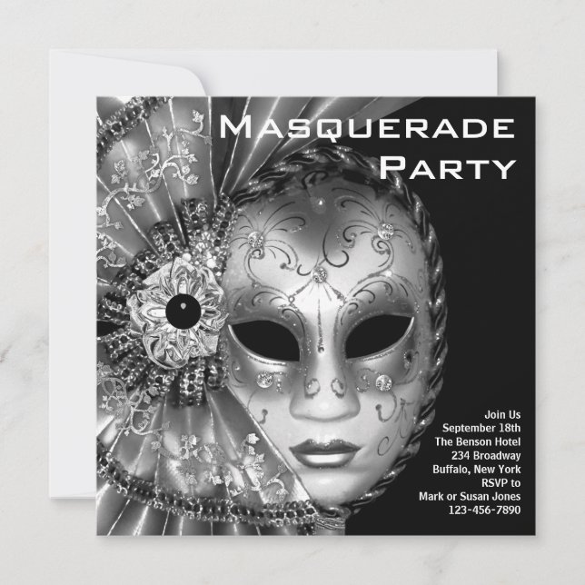 Invitación Fiesta de Máscaras en Blanco y Negro (Anverso)