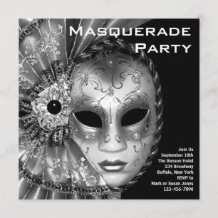 Invitación Fiesta de Máscaras en Blanco y Negro