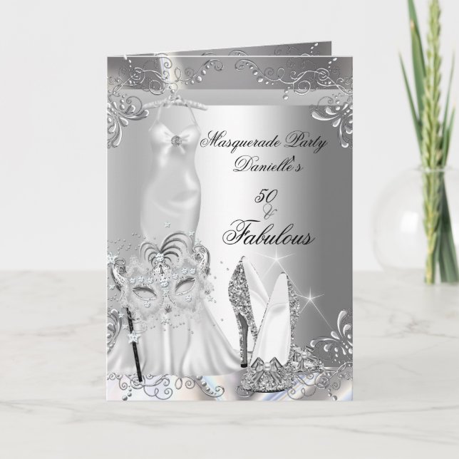 Invitación Fiesta de Máscaras Fabuloso Cumpleaños 50 Plata (Anverso)