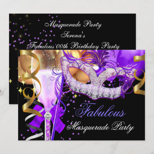 Invitación Fiesta de Máscaras Fabuloso Morado Dorado Negro 3