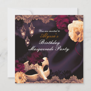 Invitación Fiesta de Máscaras Floral y de Encaje Púrpura y Bo