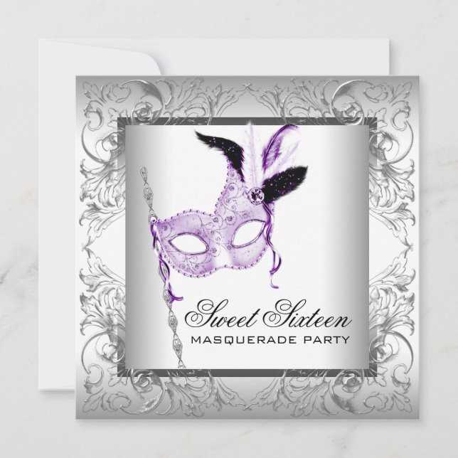 Invitación Fiesta de Máscaras Lavanda Plateado Dulces 16 (Anverso)