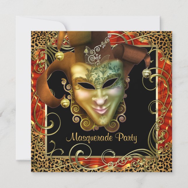 Invitación Fiesta de Máscaras Leopardo con Oro Negro Naranja (Anverso)