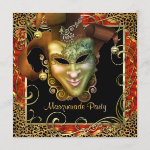 Invitación Fiesta de Máscaras Leopardo con Oro Negro Naranja