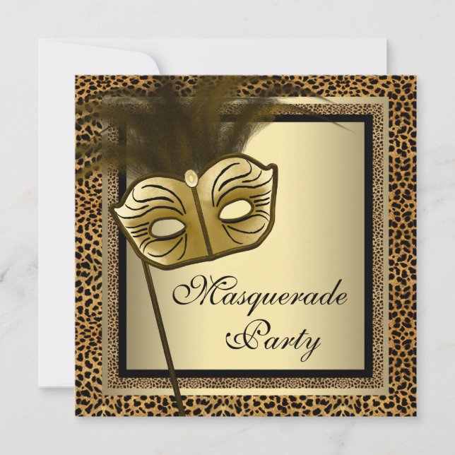 Invitación Fiesta de Máscaras Leopardo Negro Dorado (Anverso)