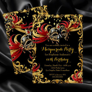 Invitación Fiesta de Máscaras Mágica Noche Rojo Negro Oro