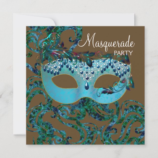 Invitación Fiesta de Máscaras Marrón y Azul Teal (Anverso)