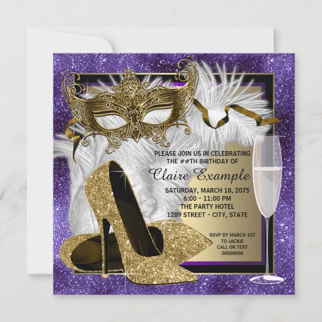 Invitación Fiesta de Máscaras Morada y Dorada para Mujer (Anverso)