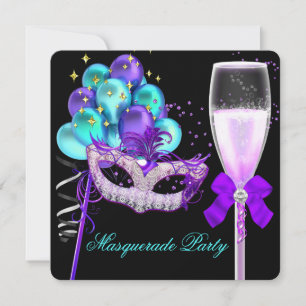 Invitación Fiesta de Máscaras Morado Azul Turquesa Negro Fabu