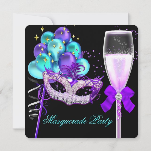 Invitación Fiesta de Máscaras Morado Azul Turquesa Negro Fabu (Anverso)
