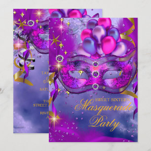 Invitación Fiesta de Máscaras Morado Dorado Azul Dulces Dieci