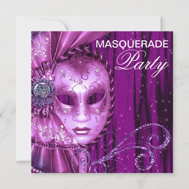Invitación Fiesta de Máscaras Morado Negro (Anverso)