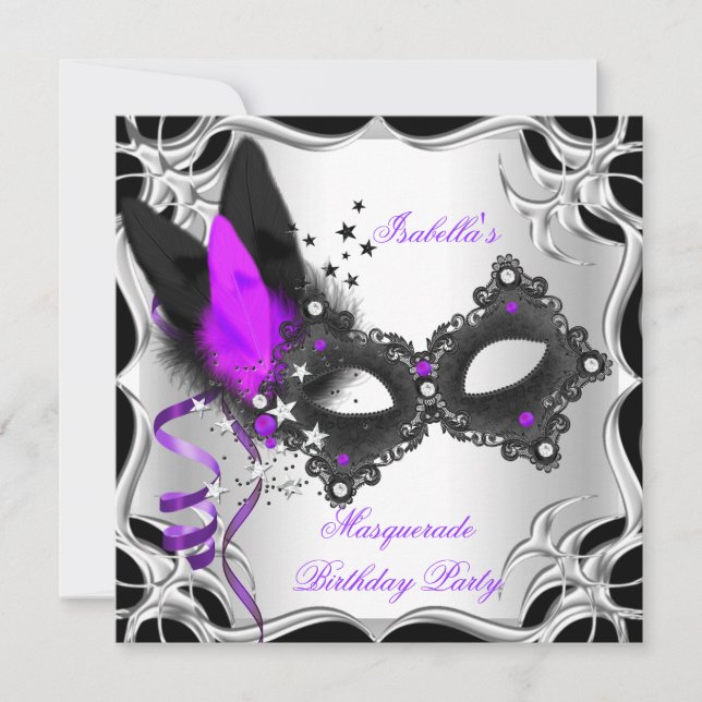 Invitación Fiesta de Máscaras Morado Plateado Negro Máscara (Anverso)