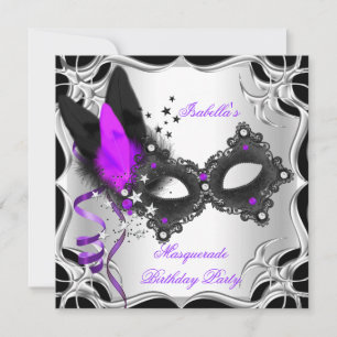 Invitación Fiesta de Máscaras Morado Plateado Negro Máscara