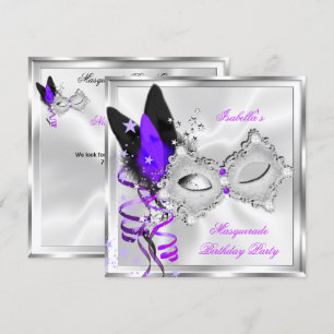 Invitación Fiesta de Máscaras Morado Plateado Negro Máscara 2