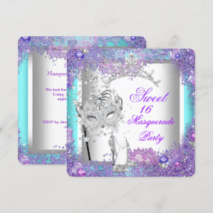 Invitación Fiesta de Máscaras Morado Turquesa Cumpleaños 16 D