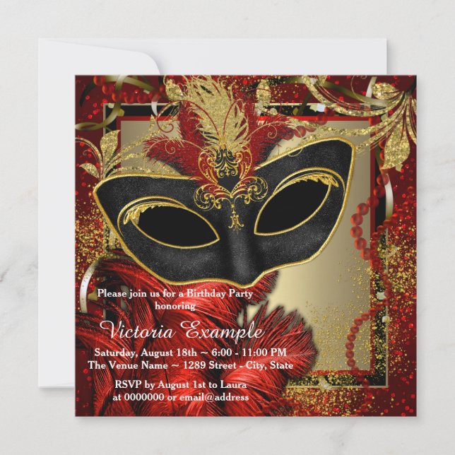 Invitación Fiesta de Máscaras Negra, Roja y Dorada (Anverso)