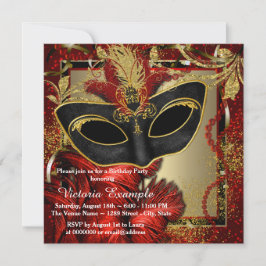 Invitación Fiesta de Máscaras Negra, Roja y Dorada