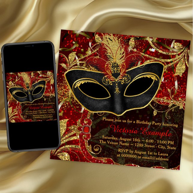 Invitación Fiesta de Máscaras Negra, Roja y Dorada (Red and gold masquerade party invitation. Any occasion. Digital download and printed available.)