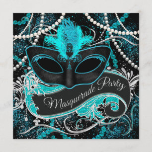 Invitación Fiesta de Máscaras Negra y Azul Turquesa
