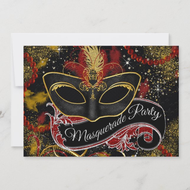 Invitación Fiesta de Máscaras Negras y Doradas (Anverso)