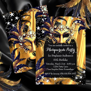Invitación Fiesta de Máscaras Nocturna Mágica de Oro Negro y 