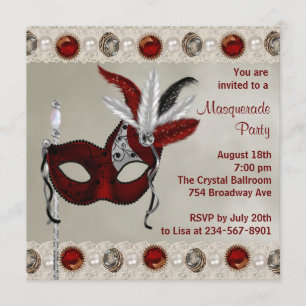 Invitación Fiesta de Máscaras Perla Dorada Roja