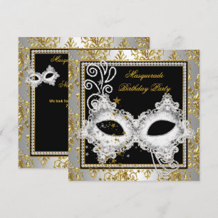 Invitación Fiesta de Máscaras Plata Oro Damasco Máscara Negra