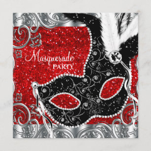 Invitación Fiesta de Máscaras Plata Rojo y Máscara Negra