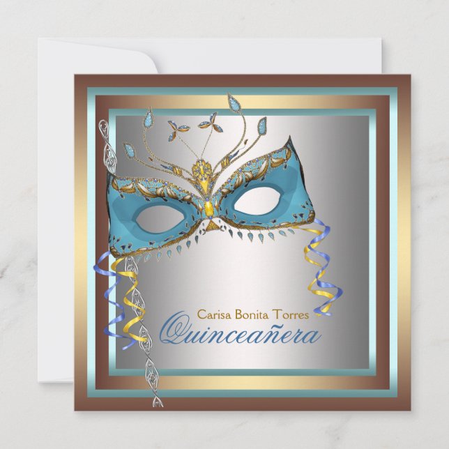 Invitación Fiesta de Máscaras Plateado Dorado Verde Teal (Anverso)