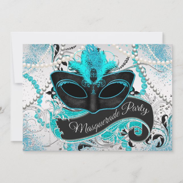 Invitación Fiesta de Máscaras Plateado y Azul Turquesa (Anverso)