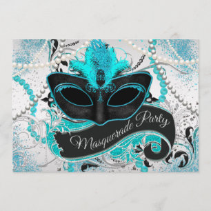 Invitación Fiesta de Máscaras Plateado y Azul Turquesa