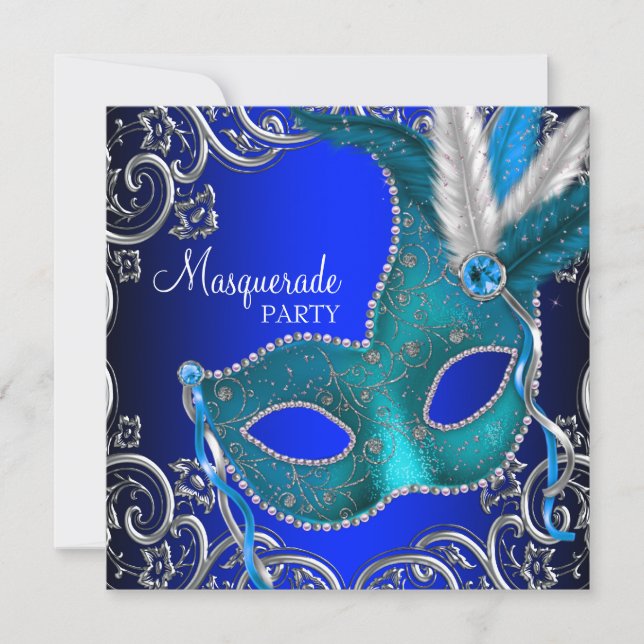 Invitación Fiesta de Máscaras Real Plateado y Azul Cian (Anverso)