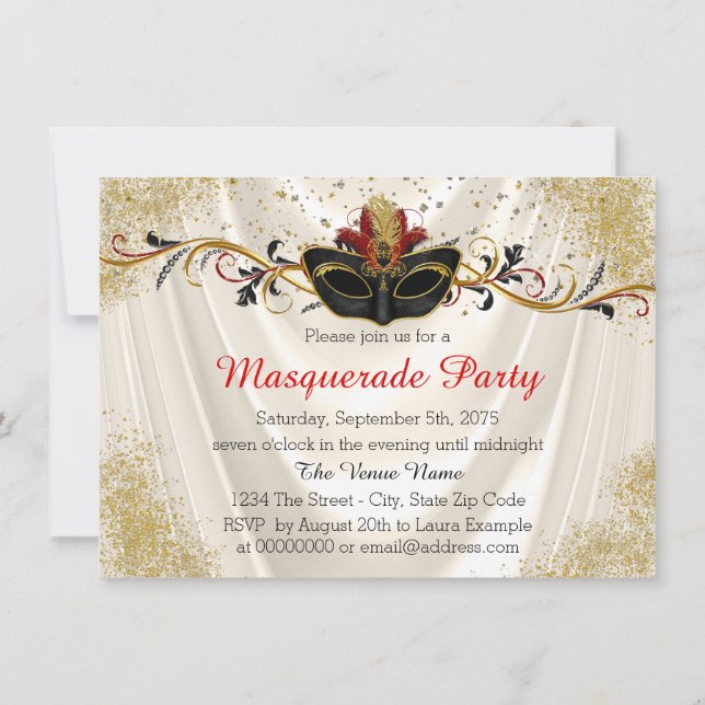Invitación Fiesta de Máscaras Roja y Dorada (Reverso)