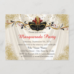 Invitación Fiesta de Máscaras Roja y Dorada