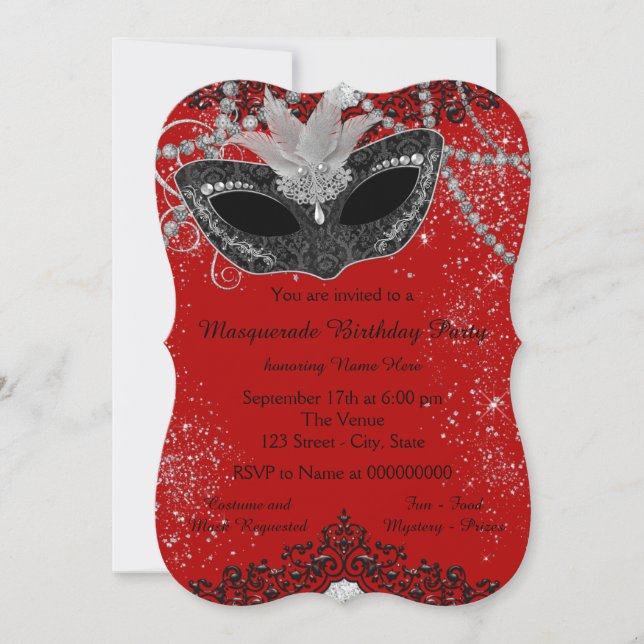 Invitación Fiesta de Máscaras Roja y Negra (Anverso)