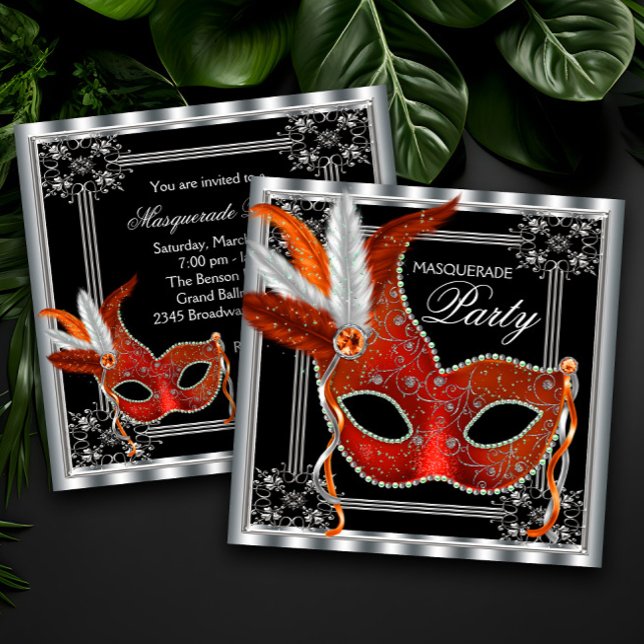 Invitación Fiesta de Máscaras Roja y Negra (Beautiful red, black and silver masquerade party invitation with elegant red feather mask.)