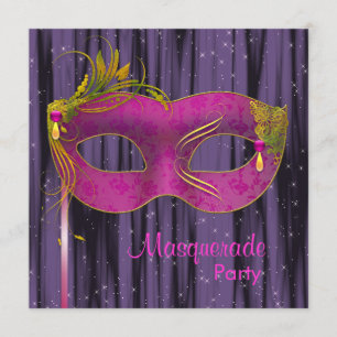 Invitación Fiesta de Máscaras Rosa Brillante Fuchsia Negro Pú