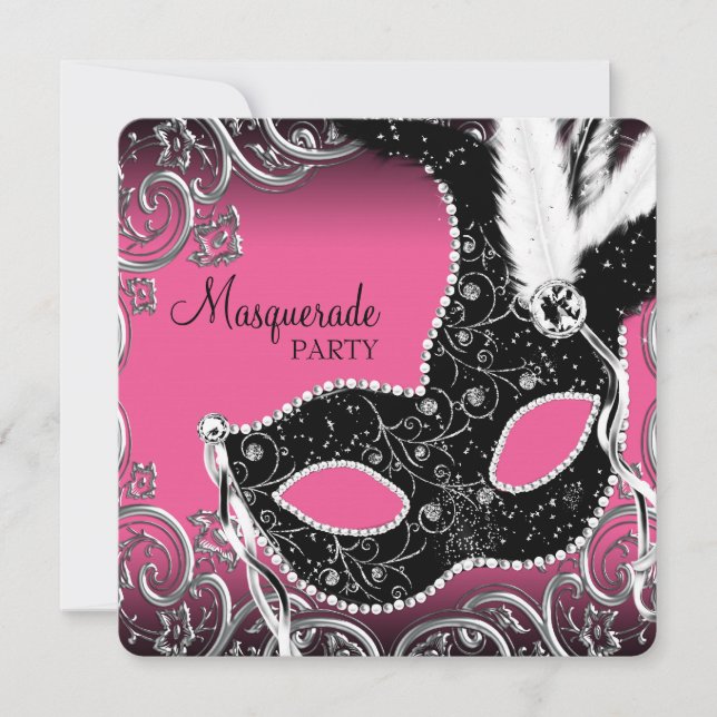 Invitación Fiesta de Máscaras Rosa Caliente Negro (Anverso)