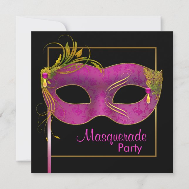 Invitación Fiesta de Máscaras Rosa Fucsia (Anverso)