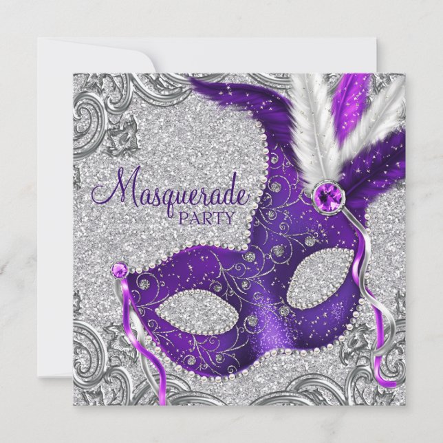 Invitación Fiesta de máscaras rosadas y púrpura plateada (Anverso)
