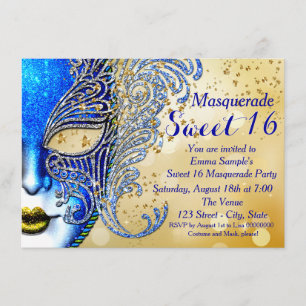 Invitación Fiesta de Máscaras Sweet 16 Azul Real y Dorado