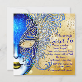 Invitación Fiesta de Máscaras Sweet 16 Azul Real y Dorado